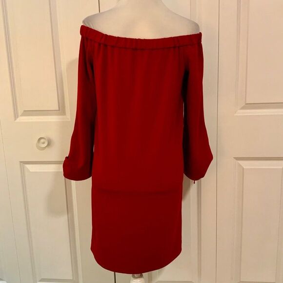 TIBI Red Crepe Off Shoulder Tie Sleeve Shift Mini Dress Size 4 - Picture 7 of 12